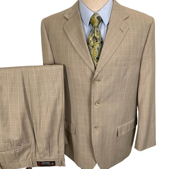 Luca Rossi Italia Suit Mens 42S 30W 30L Tan Plaid Superior 150s HighTech
